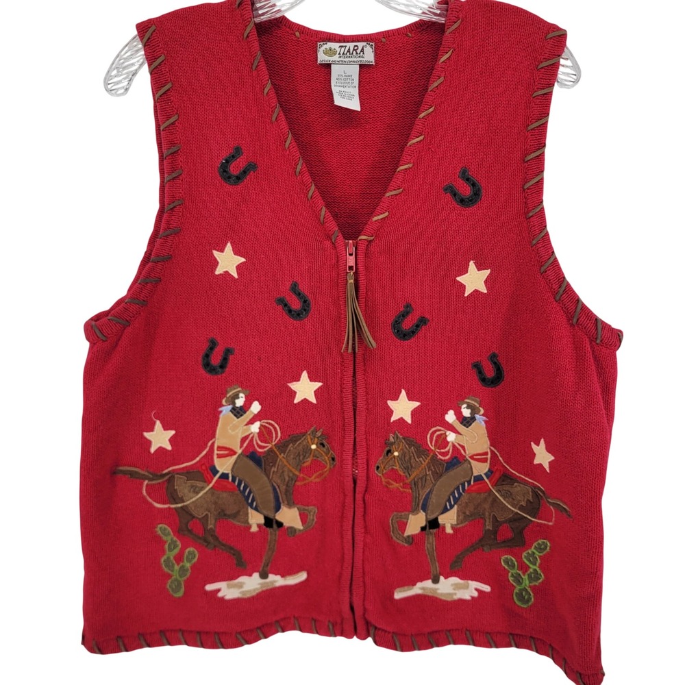 VTG Tiara International Red Western Cowboy Horse Sweater Vest Zip Womens Large